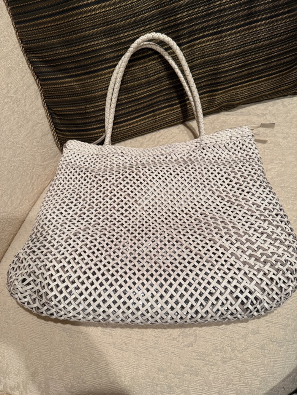 Cache Vintage Woven Leather Tote Bag in White and Silver
